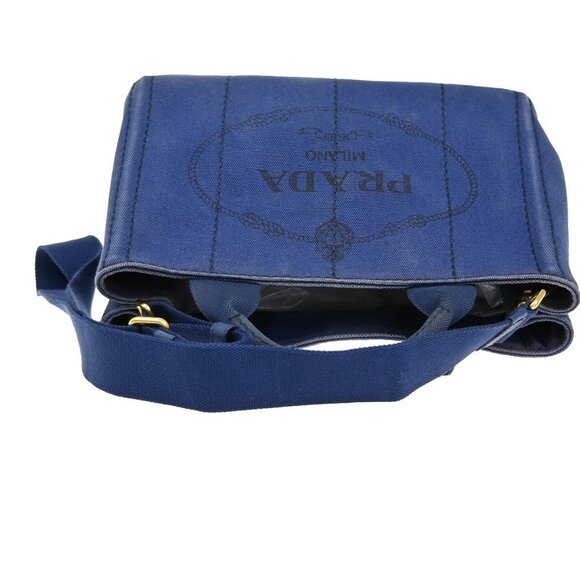 PRADA Logo CANAPA 2Way Shoulder Hand Bag Canvas Leather Blue GHW Italy - Picture 6 of 6